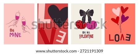 Four abstract Valentine's posters: hands clinking, large LOVE text, cherries with bow, and heart balloons.