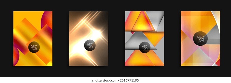Four abstract vector backgrounds. Bright colors, geometric shapes, dynamic compositions. Modern design elements present.