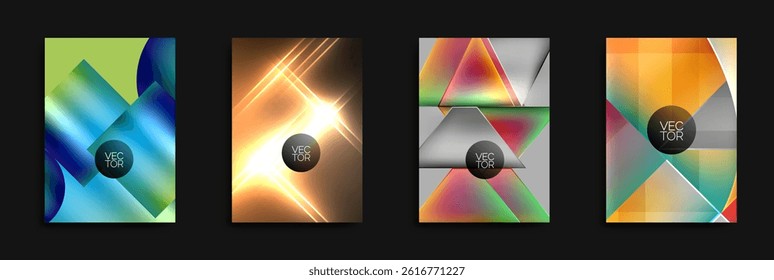 Four abstract vector backgrounds. Bright gradients, geometric shapes, dynamic compositions. Modern design elements present.