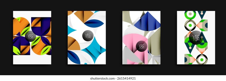 Four abstract vector designs. Geometric shapes overlap, creating vibrant compositions. Each features circular text element.