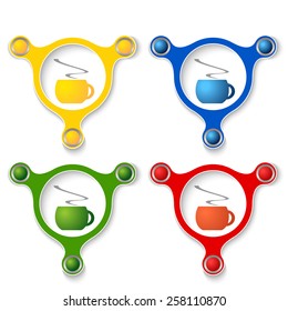 four abstract vector objects and a colored cup of coffee