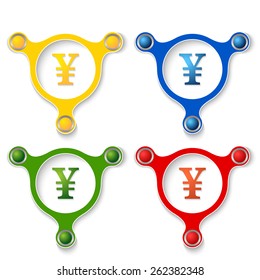 four abstract vector objects and a colored yen symbol