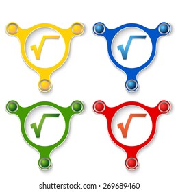 four abstract vector objects and a colored radix symbol