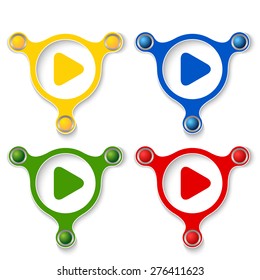 four abstract vector objects and a colored play symbol