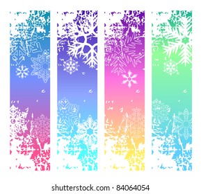 Four abstract vertical winter banners with white snowflakes