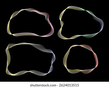 Four abstract wavy frames on black. Vibrant, flowing lines form distinctive, organic shapes. Contemporary design elements for borders and artistic compositions. Gradient blended frames.