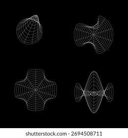 Four abstract wireframe surfaces made of curved white circles, black background, vector