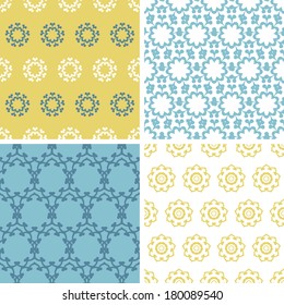 Four abstract yellow blue abstract florals seamless pattern background set