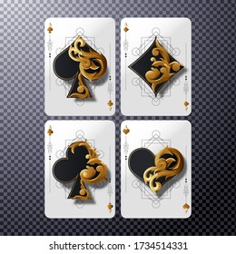 four ace card with gold ornament, poker casino illustration on transparent background