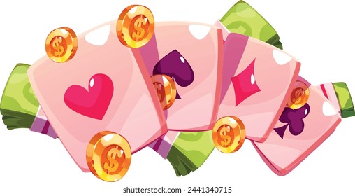 Vier Asse in Banknoten und Münzen. Vektor helle stilvolle Illustration.