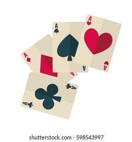 Quatro ases com preto e vermelho terno ícone banner web no fundo branco. Jogando cartas de espada escura e clube, diamante ruddy e coração. Ilustração vetorial em desenho animado estilo flat design web banner.