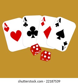  four aces cards and dice showing lucky 7