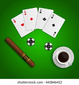 Four aces and casino chips. Playing cards, casino chip, cup of coffee and cigar isolated on green background.