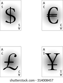 Four aces currency dollar sign euro pound and yen. Vector illustration