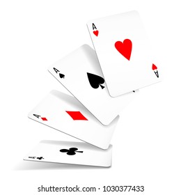 Four aces of diamonds, clubs, spades and hearts fall or fly on white background. Set of four aces deck of cards for playing poker and casino. Vector illustration