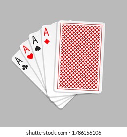 Four aces in five card poker hand playing cards with back design. Playing card isolated on grey background. Vector illustration.
