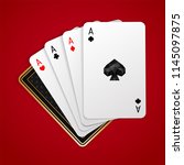 Four aces in five playing card with black back design on red background. Winning poker hand