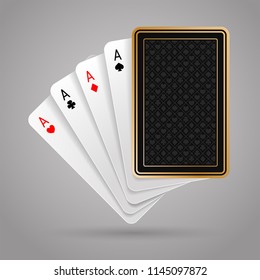 Four aces in five playing card with black back design on grey background. Winning poker hand