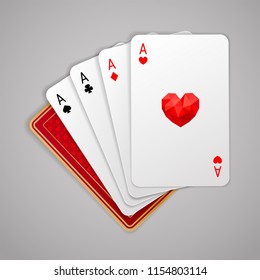 Four aces in five playing card with red back design on grey background. Winning poker hand