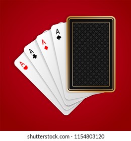 Four Aces In Five Playing Card With Black Back Design On Red Background. Winning Poker Hand