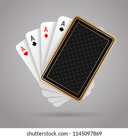 Four aces in five playing cards with black back design on grey background. Winning poker hand. JPG include isolated path