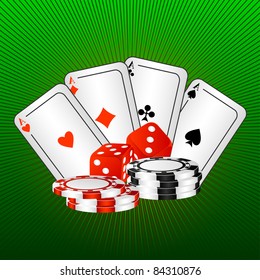 Four aces and game bones on a green background.