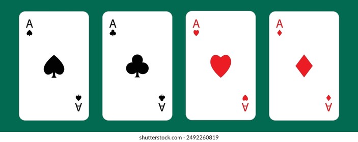 Four aces icon. Playing card set. Poker cards suits. Hearts, clubs, diamonds, spades ace. Winning poker hand. Las Vegas Casino gambling concept. Simple flat design. Green table background. Vector