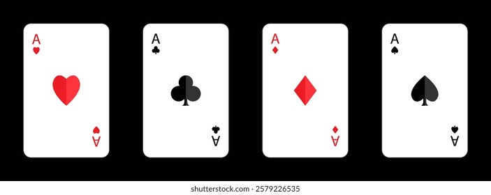 Four aces icon. Playing card set. Poker cards suits. Hearts, clubs, diamonds, spades ace shadow. Winning poker hand. Las Vegas Casino gambling concept. Flat design. Isolated. Black background. Vector