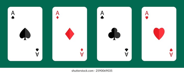 Four aces icon. Playing card set. Poker cards suits. Hearts, clubs, diamonds, spades ace with shadow. Winning poker hand. Las Vegas Casino gambling concept. Flat design. Green table background. Vector