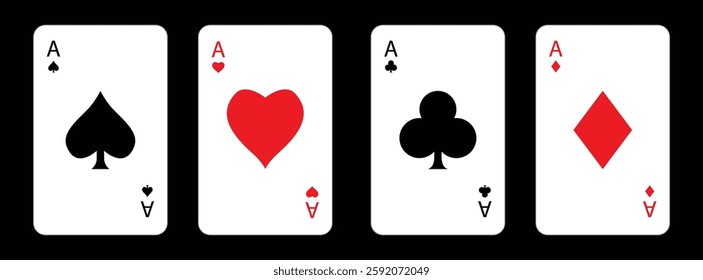 Four aces icon. Playing card set. Poker cards suits. Hearts, clubs, diamonds, spades ace. Big sign. Winning poker hand. Las Vegas Casino gambling concept. Flat design. Black background Isolated Vector