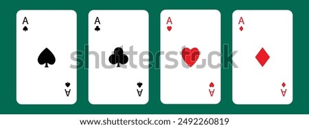 Four aces icon. Playing card set. Poker cards suits. Hearts, clubs, diamonds, spades ace. Winning poker hand. Las Vegas Casino gambling concept. Simple flat design. Green table background. Vector