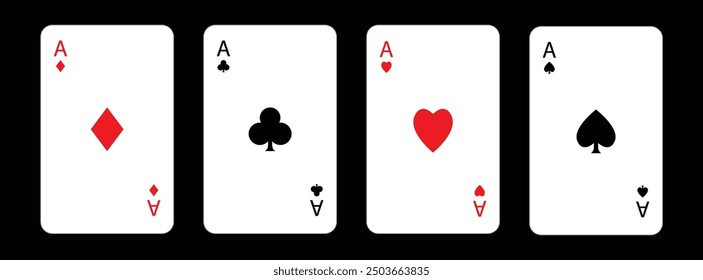 Four aces icon. Poker cards suits. Playing card set. Hearts, clubs, diamonds, spades ace. Winning poker hand. Las Vegas Casino gambling concept. Simple flat design. Black background. Isolated. Vector