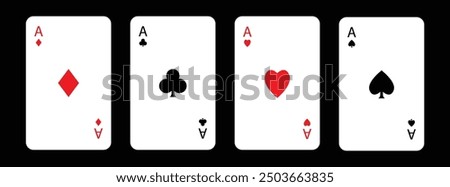 Four aces icon. Poker cards suits. Playing card set. Hearts, clubs, diamonds, spades ace. Winning poker hand. Las Vegas Casino gambling concept. Simple flat design. Black background. Isolated. Vector