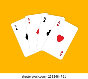 Four aces icon set. Card fan stack. Playing card. Poker cards suits. Hearts, clubs, diamonds, spades ace. Winning poker hand. Las Vegas Casino gambling concept. Flat design. Yellow background. Vector