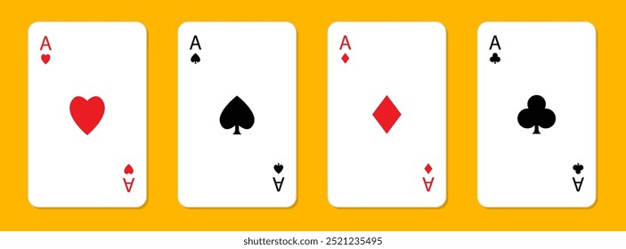 Four aces icon set. Playing card. Poker cards suits. Hearts, clubs, diamonds, spades ace. Winning poker hand. Las Vegas Casino gambling concept. Simple flat design. Isolated. Yellow background. Vector