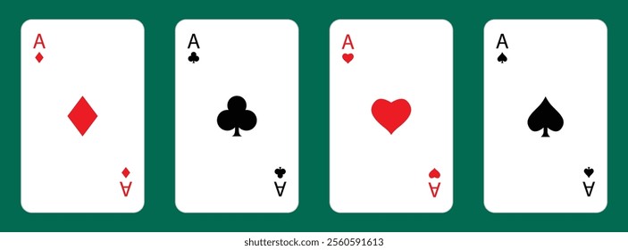 Four aces icon set. Playing card. Poker cards suits. Hearts, clubs, diamonds, spades ace. Winning poker hand. Las Vegas Casino gambling concept. Simple flat design. Green table background. Vector