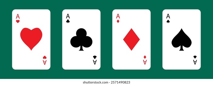 Four aces icon set. Playing card. Poker cards suits. Hearts, clubs, diamonds, spades ace. Big symbol. Winning poker hand. Las Vegas Casino gambling concept. Flat design. Green table background. Vector