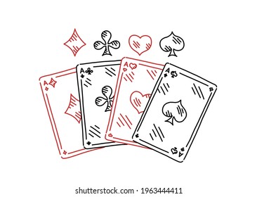 Four aces. Four of a kind. Poker quads. Good luck in the game. Playing cards. Hand drawn sketch line.