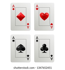 Four aces with low poly style card suits on plain background