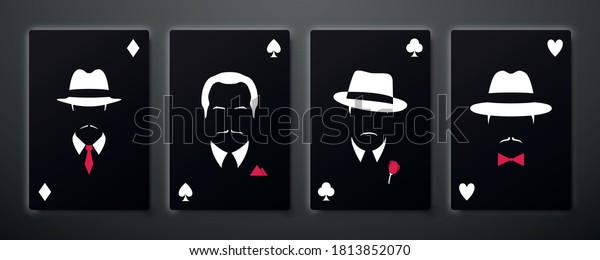 Four aces with mafia men silhouettes.\
Playing card set. Stock vector\
illustration.