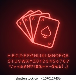 Four aces neon light icon. Playing cards. Glowing sign with alphabet, numbers and symbols. Vector isolated illustration