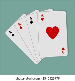 Four aces on an mint background. Vector illustration. Close-up. Gambling entertainment, poker, casino.