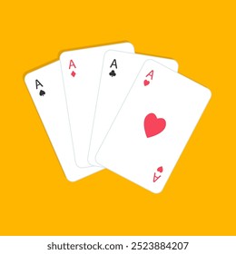 Vier Asse, die Kartensymbole abspielen. Kartenlüfterstapel. Poker-Karten-Anzüge. Herzen, Kreuze, Diamanten, Pik-Ass. Poker-Hand gewinnen. Las Vegas Casino Spielkonzept. Flaches Design. Gelber Hintergrund. Vektorgrafik