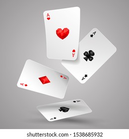 Four aces playing cards fly or fall down. Deck for poker game