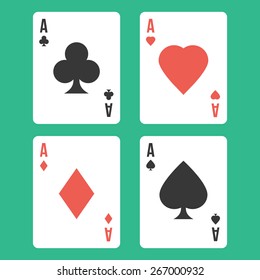 Four aces. Playing cards isolated on green background. Vector illustration.