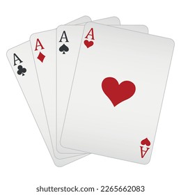 Four aces playing cards - Four Of A Kind poker hand consisting of four ace cards, Ace of Hearts, Spades, Clubs and Diamonds card, vector illustration isolated on white background