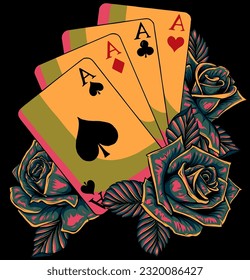 four aces poker card tattoo, on black background vector illustration