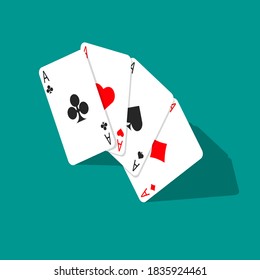 Four aces poker cards isolated on green background. Isometric playing card. Vector illustration.
