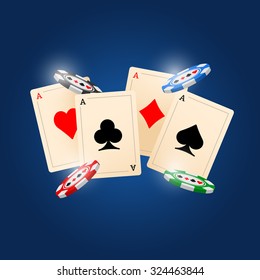 Four aces and poker chips vector illustration with three dimensional suits.