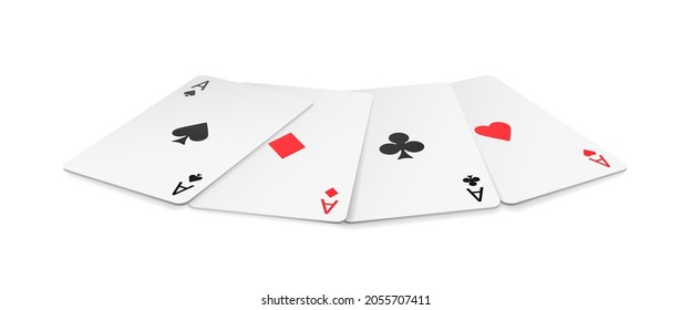 Four aces poker game playing cards realistic set isolated 3D gambling games symbols. Vector casino objects, black and red suits, clubs and spaces, hearts and diamonds poker and blackjack card